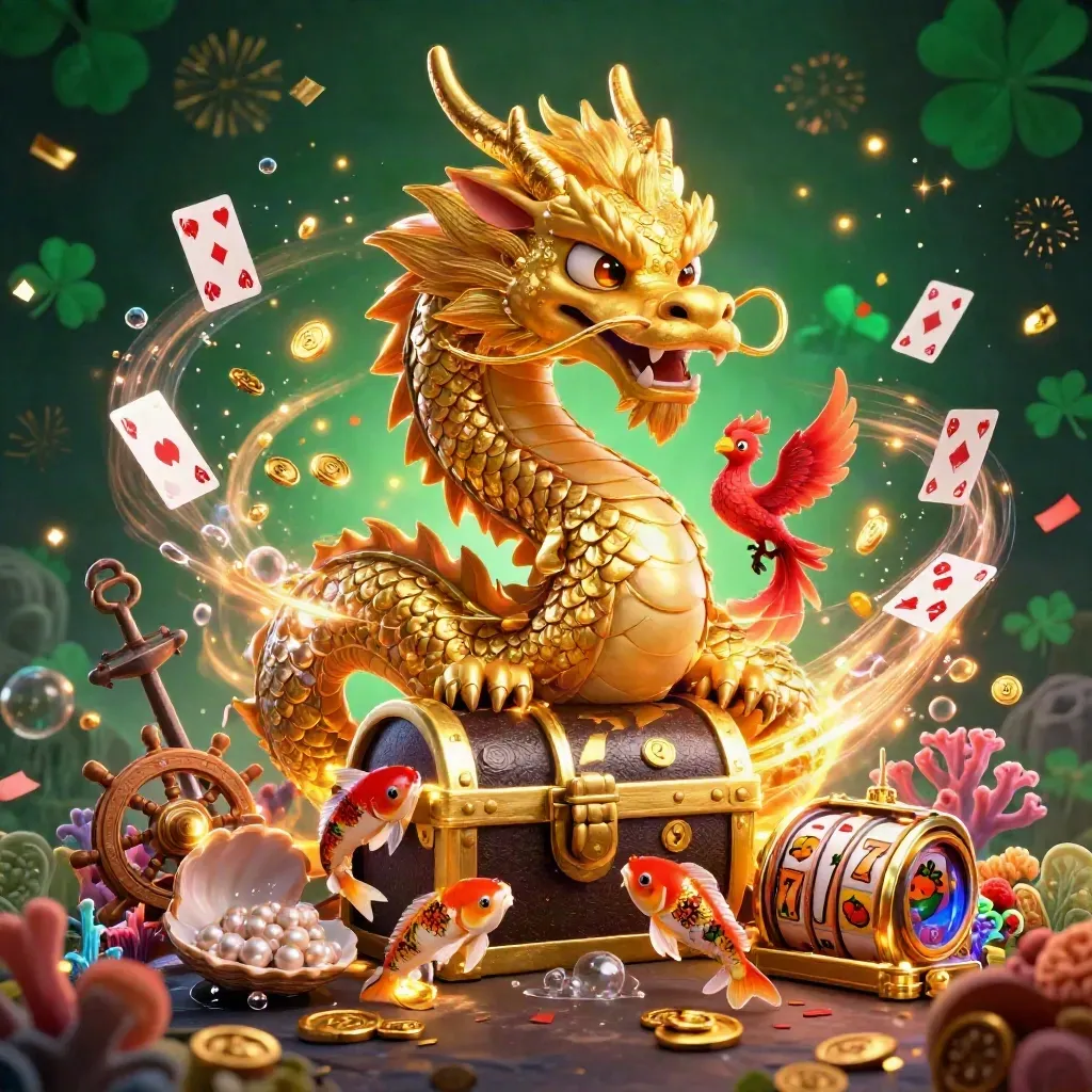 Golden dragon, phoenix and koi amid casino treasure, neon sparks and slot symbols.