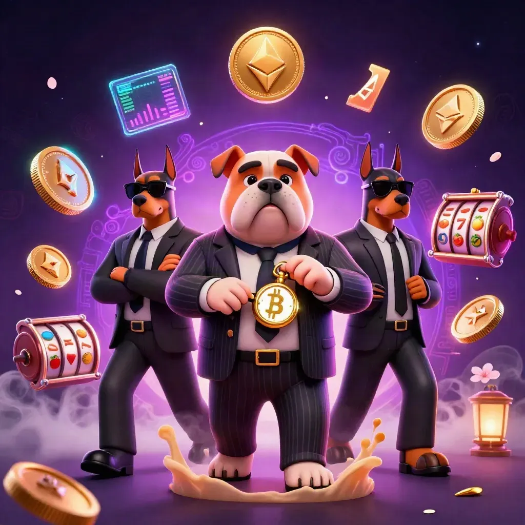 Bulldog boss and Doberman bodyguards amid glowing casino coins, reels, and neon lightning.