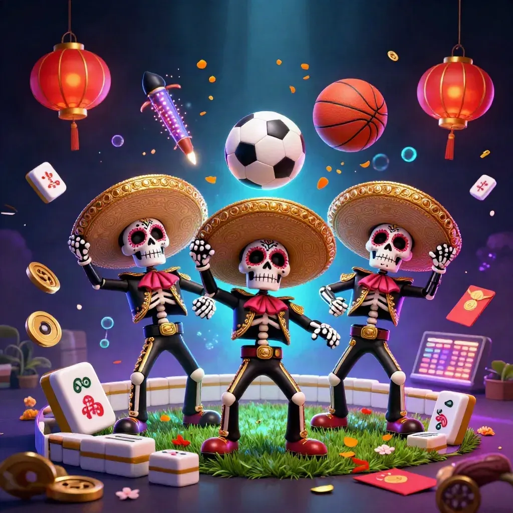 Skeleton mariachi trio with flying sports balls, mahjong tiles, lanterns, coins, and neon casino glow.