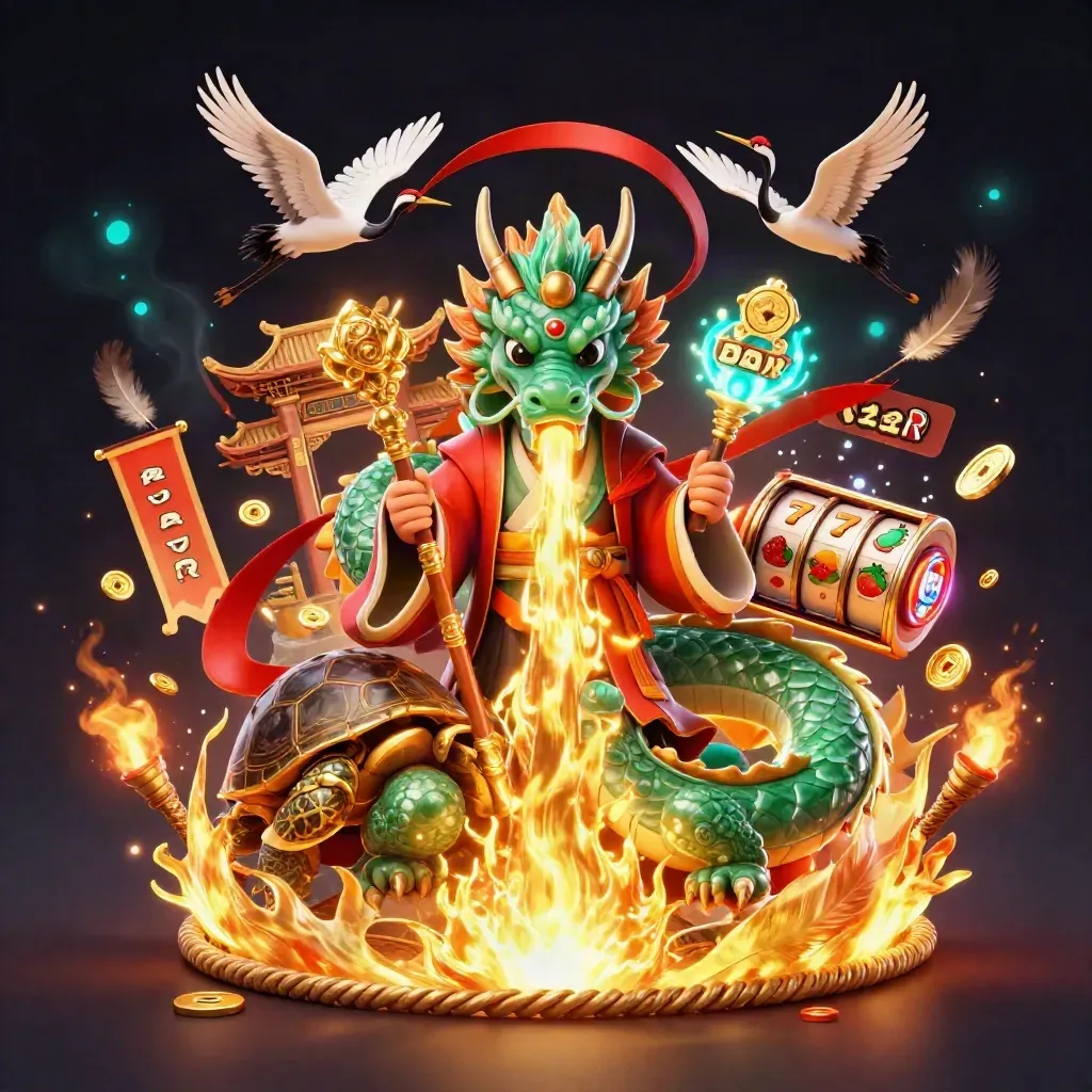 Emerald dragon, turtle sage, and cranes amid gold fire, coins, and temple light in a dark neon casino scene.