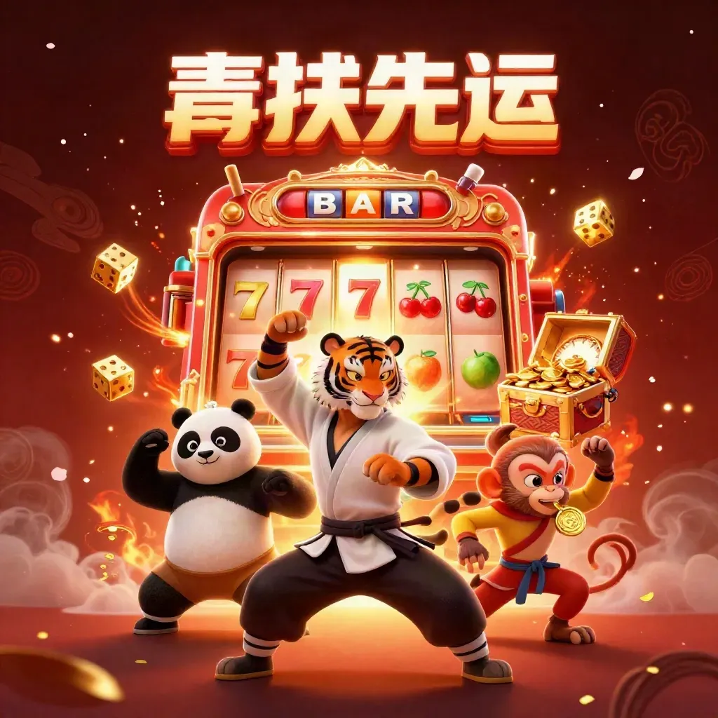 Kung-fu tiger, panda and monkey amid exploding slot gold and jackpot energy.