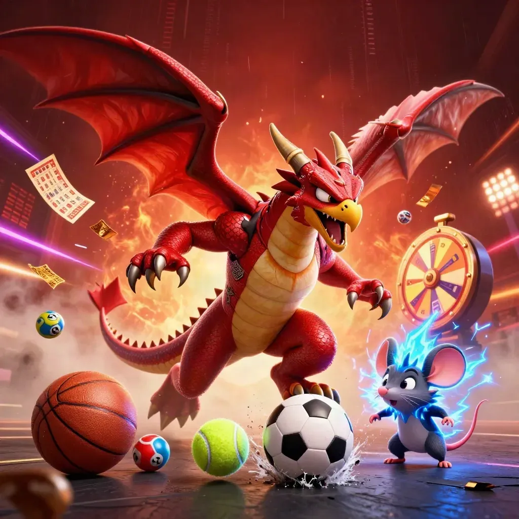 Thunder dragon, hawk and static mouse amid sports balls, prize wheel, and blazing stadium light.