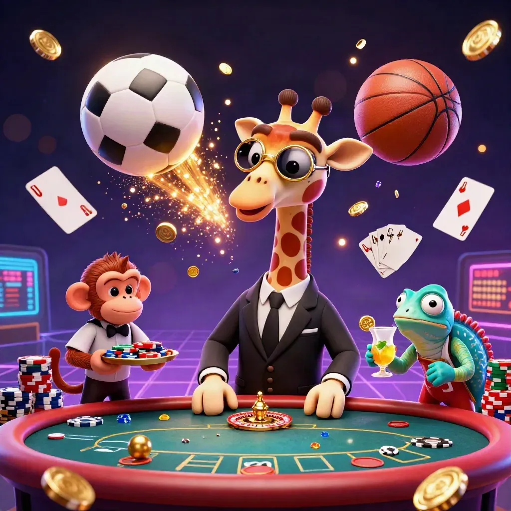 Low-angle casino-sports splash with giraffe, monkey, chameleon, flying ball, chips and neon glow.