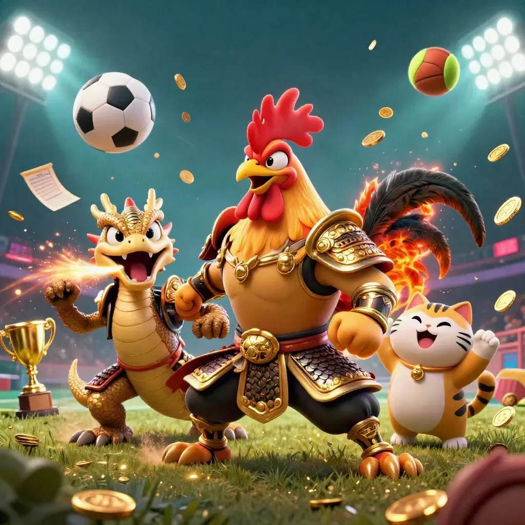 Rooster warrior, dragon hatchling and fortune cat amid flying sports balls, coins and casino glow.