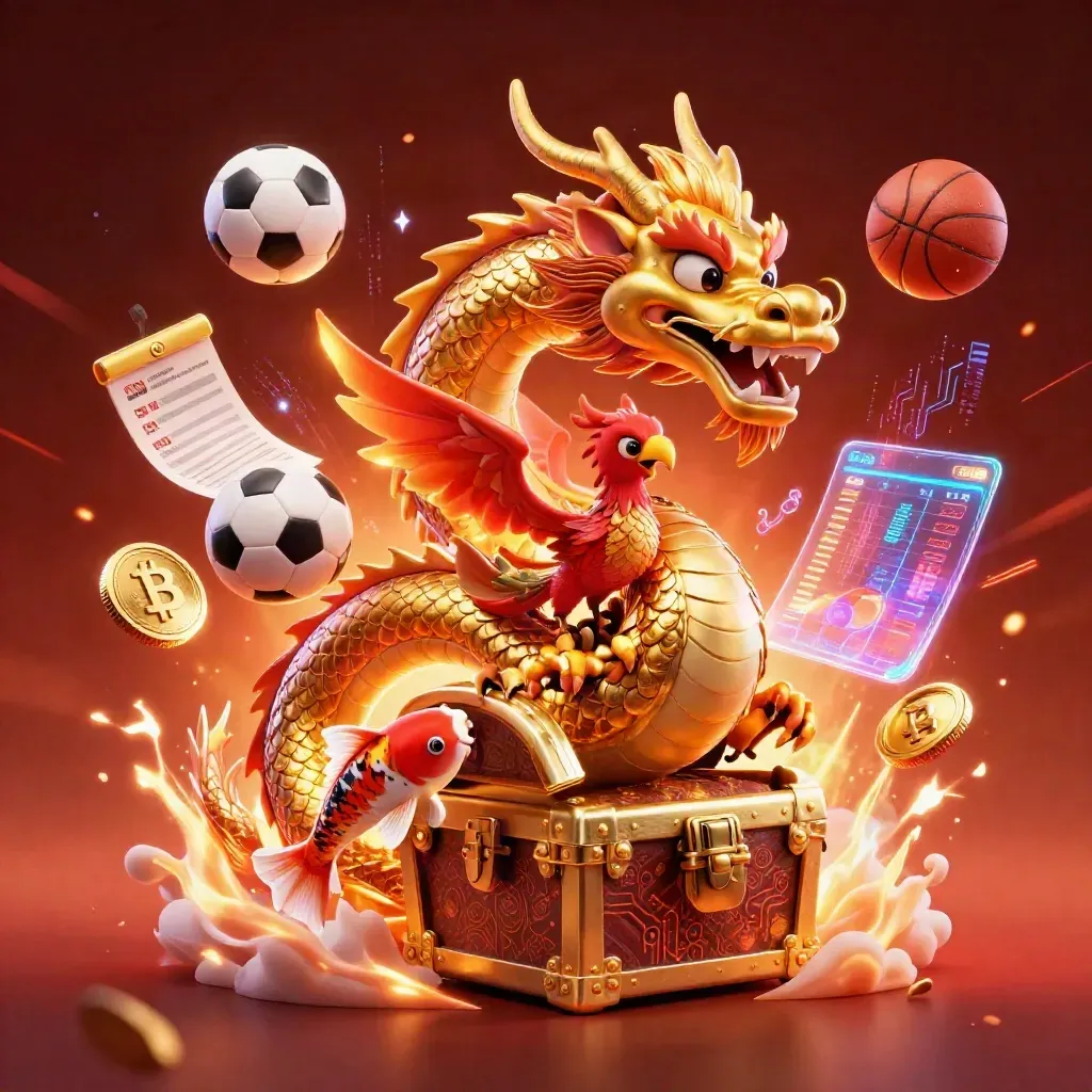 Golden dragon, phoenix and koi with sports balls, coins and glowing casino effects.