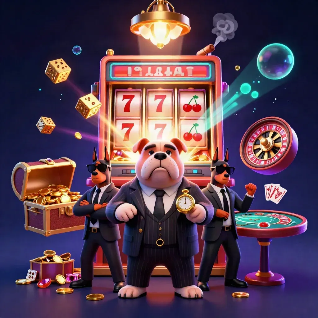 Bulldog boss and Dobermans amid a glowing slot machine, roulette wheel, and treasure.