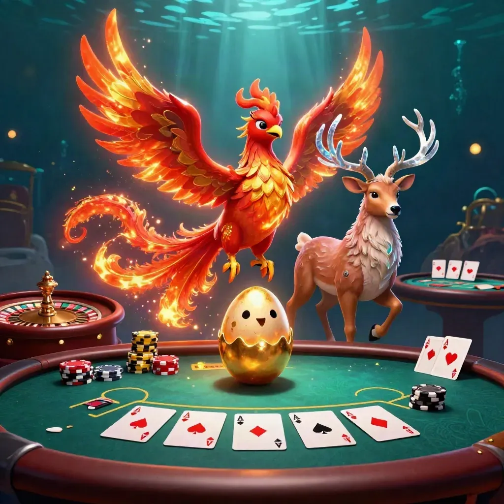 Phoenix, baby phoenix, and crystalline stag amid casino cards, chips, and glowing luxury light.