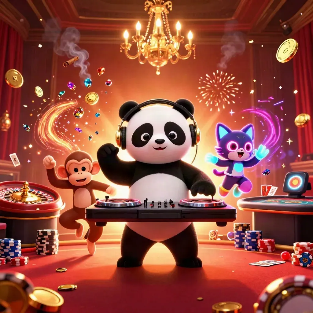 Panda DJ, breakdancing monkey, and neon kitten amid coins, gems, and casino lights.