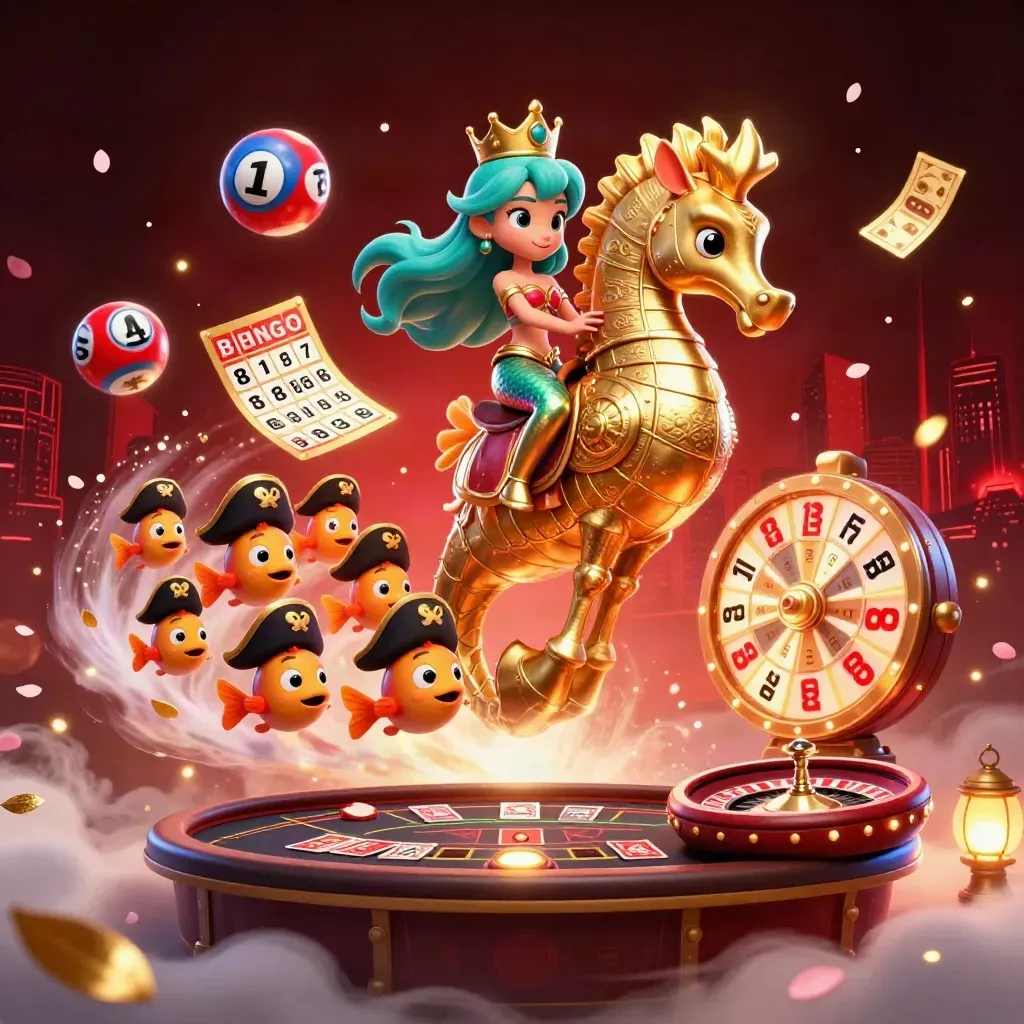 Mermaid princess rides a gold seahorse amid casino lights, lottery balls, and glowing cards.