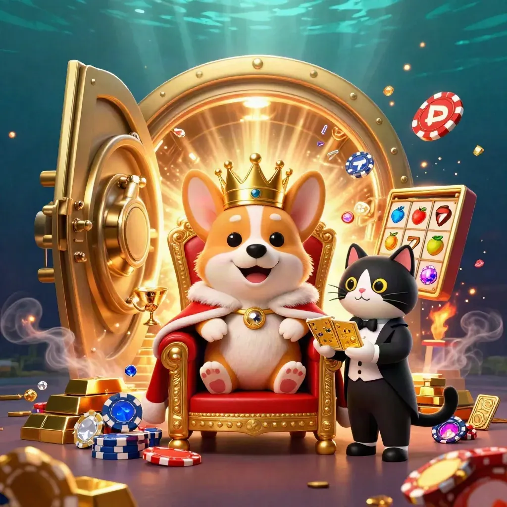 Royal corgi and cat butler on a chip throne amid gold, gems, and underwater vault light.