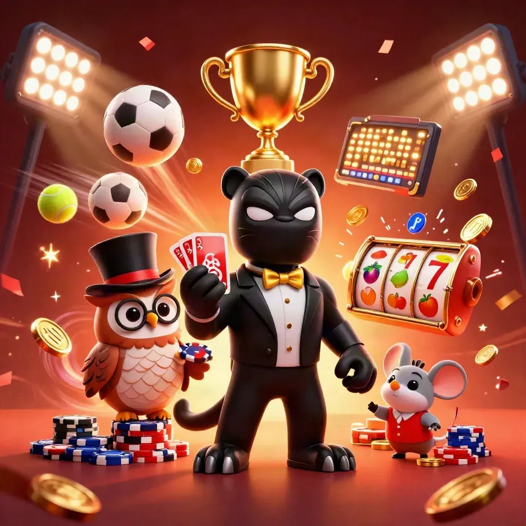 Black panther, owl, and mouse amid casino sports chaos with trophies, coins, fireworks, and crimson glow.
