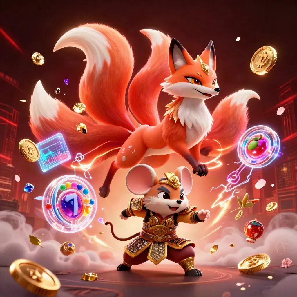 Nine-tailed fox spirit and armored mouse amid gems, coins, lightning, and red neon glow