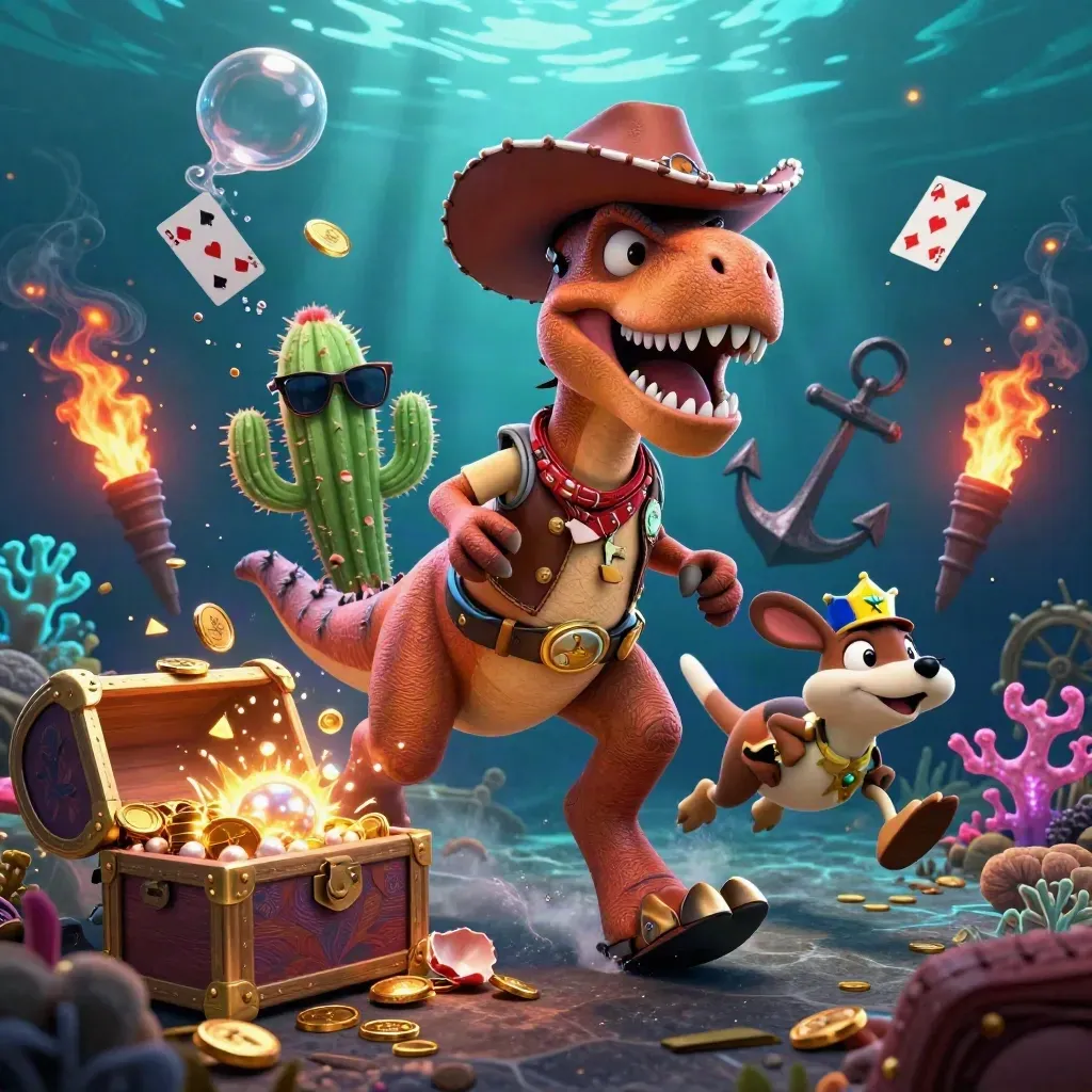 Cowboy T-Rex, cactus, and roadrunner explode through a glowing sunken treasure cove.