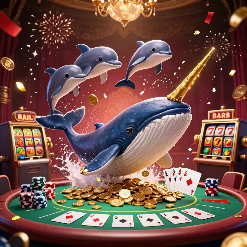 Whale captain, narwhal, and dolphins burst through coins amid casino chips and gems.