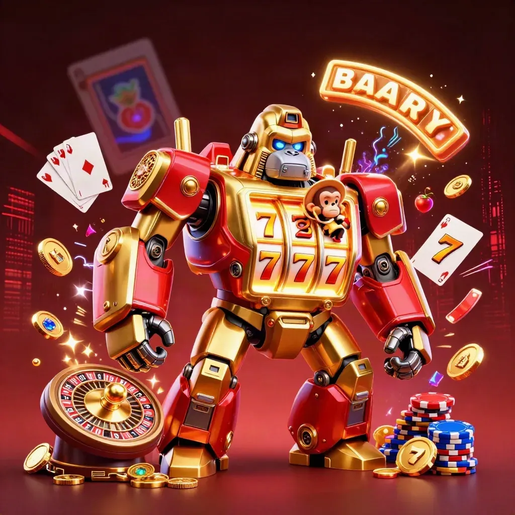 Golden gorilla mech with monkey pilot amid coins, gems, chips, cards, and a spinning roulette wheel.