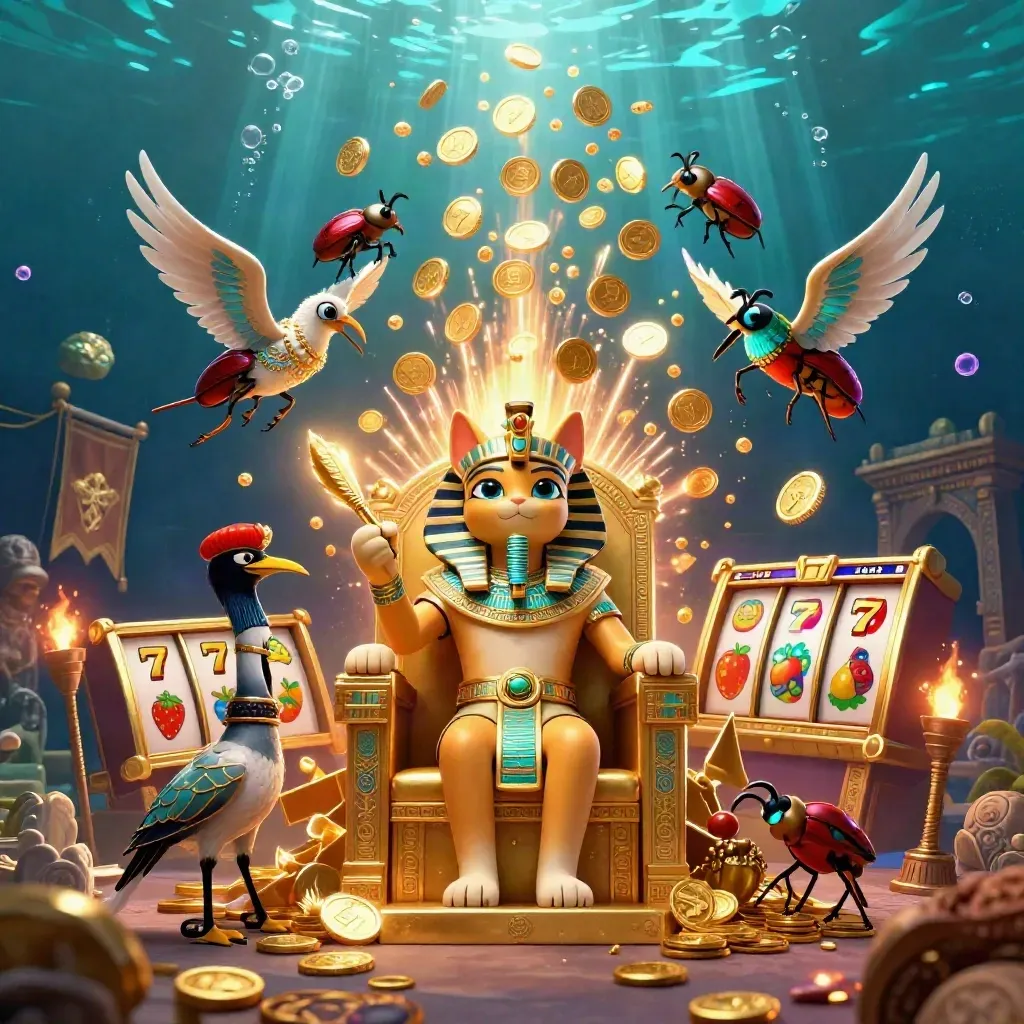Pharaoh cat, ibis scribe and gem-winged scarabs amid a vault burst and coin fireworks.