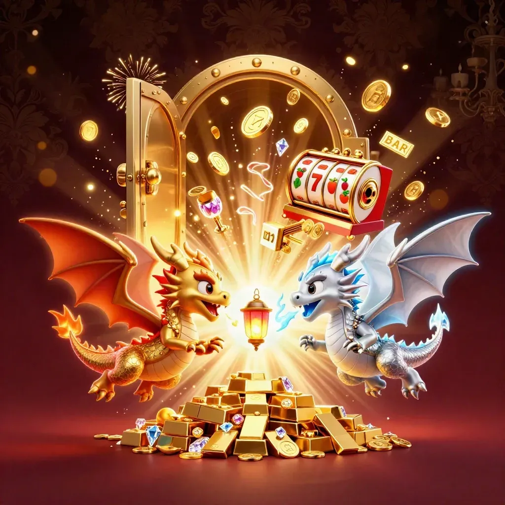 Twin gold and silver dragons burst from a vault with coins, gems, reels, and fireworks.