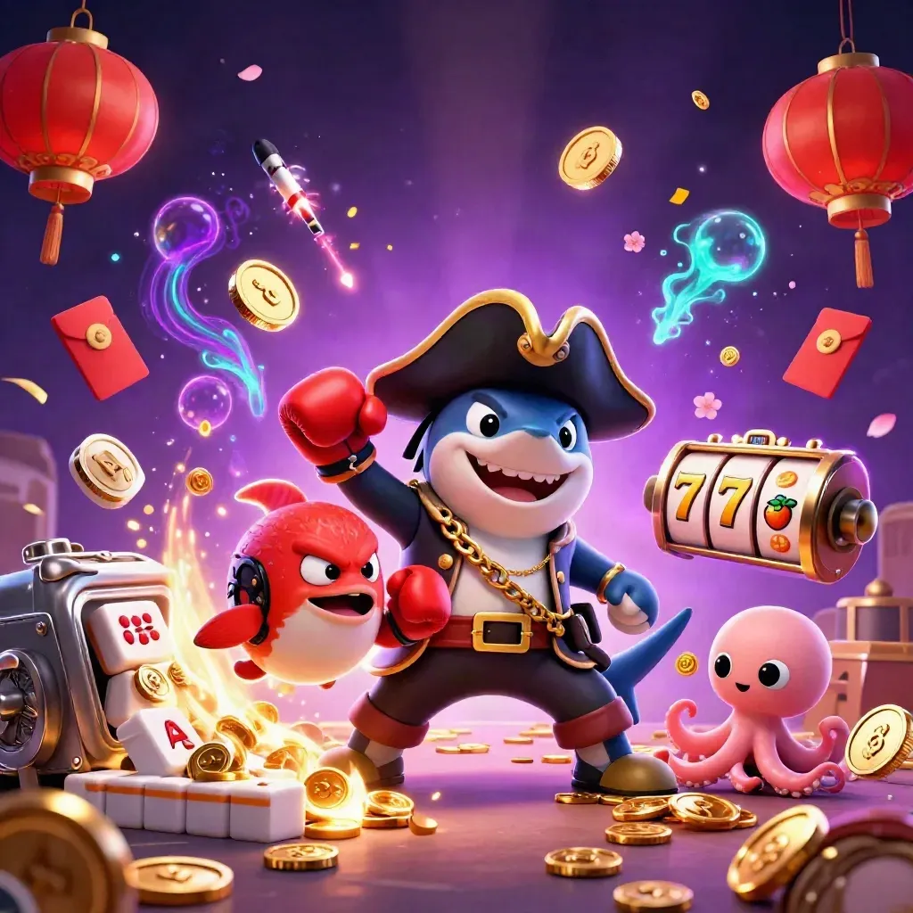 Pirate shark, boxing pufferfish, and coin-juggling octopus amid casino treasure bursts.