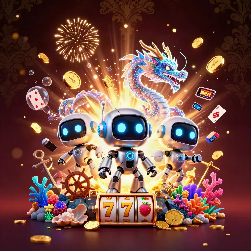 Cyberpunk robot, holographic dragon, and coin drone amid treasure, coins, fireworks, and casino symbols.