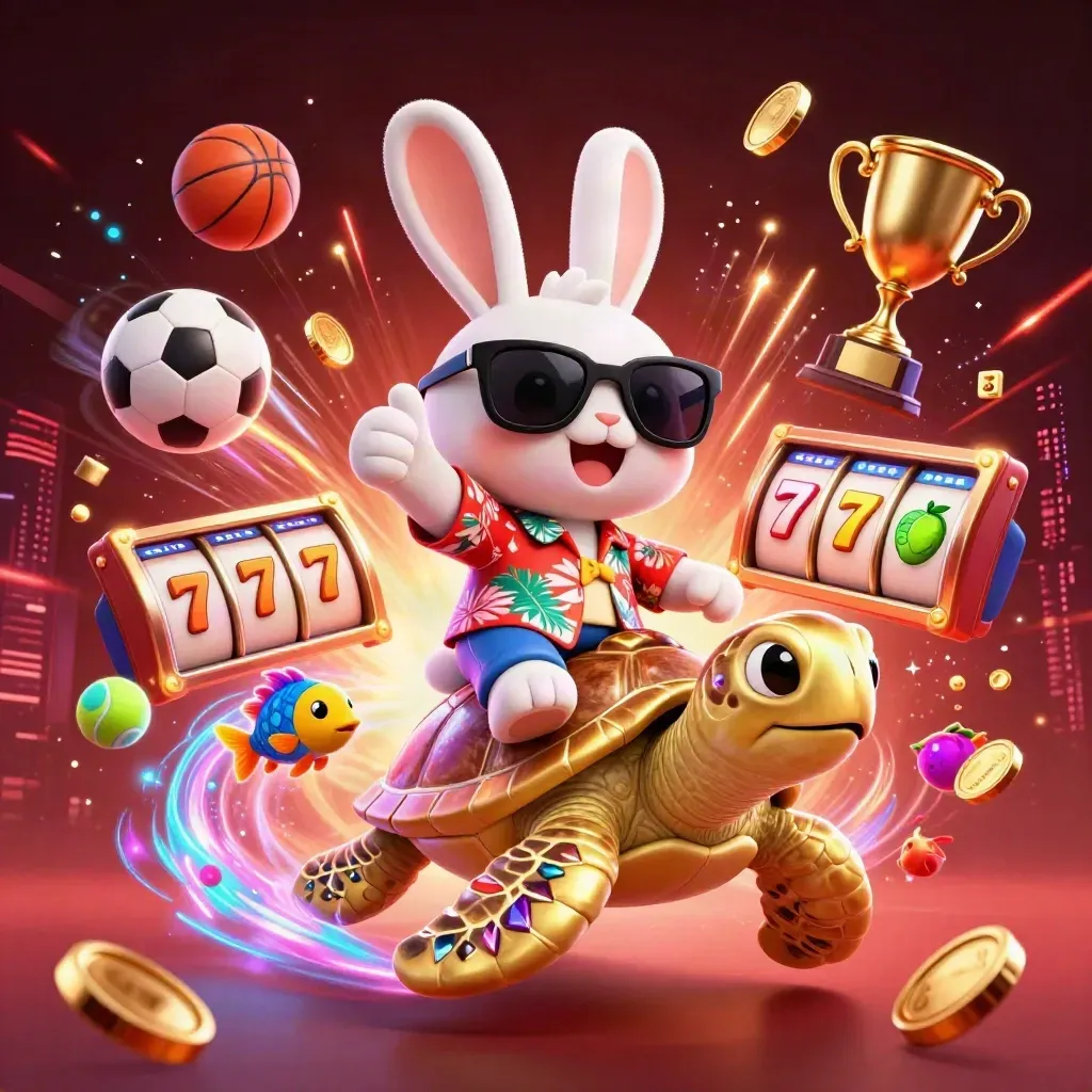 Lucky rabbit rides a golden sea turtle amid coins, fireworks, and casino lights.