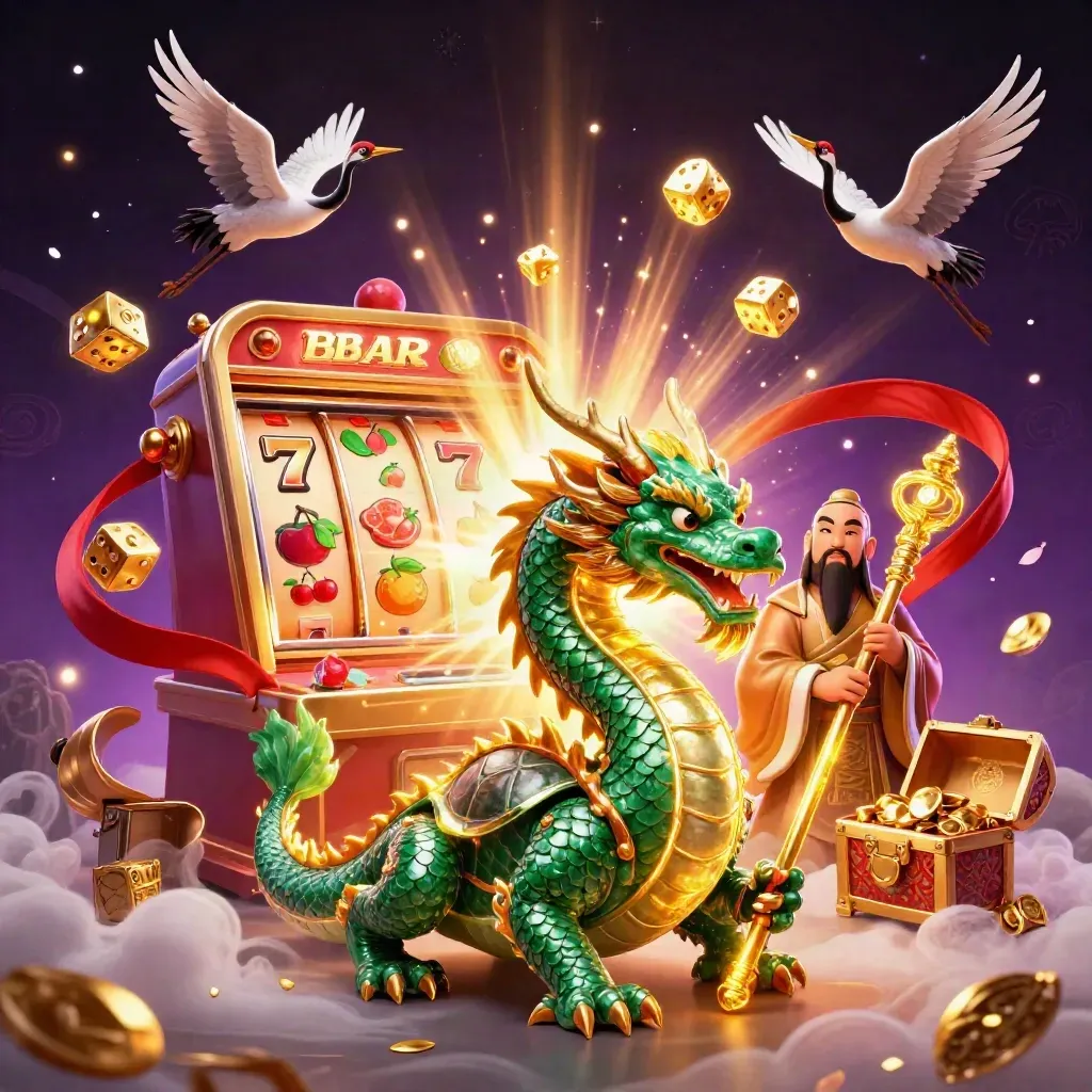 Emerald dragon, turtle sage, and cranes amid exploding slot reels and gold in a neon casino scene.