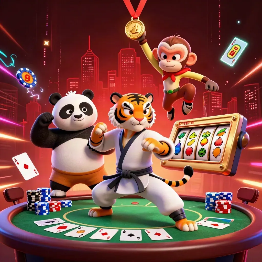 Tiger, panda, and monkey kung-fu heroes amid casino cards, chips, and glowing slot reels.