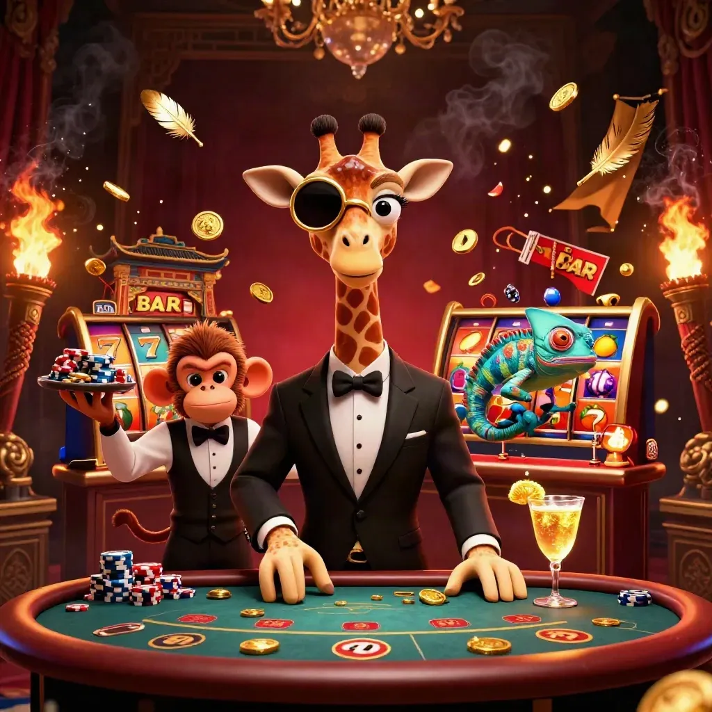 Giraffe, monkey, and chameleon at a glowing VIP casino table with reels, coins, and firelight.