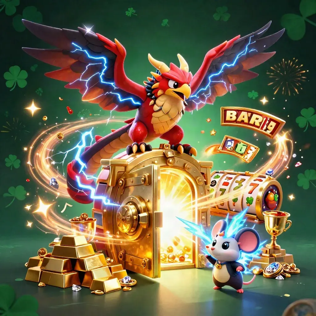 Thunder dragon, wind hawk, and static mouse amid a glowing vault, gold, gems, and slot reels