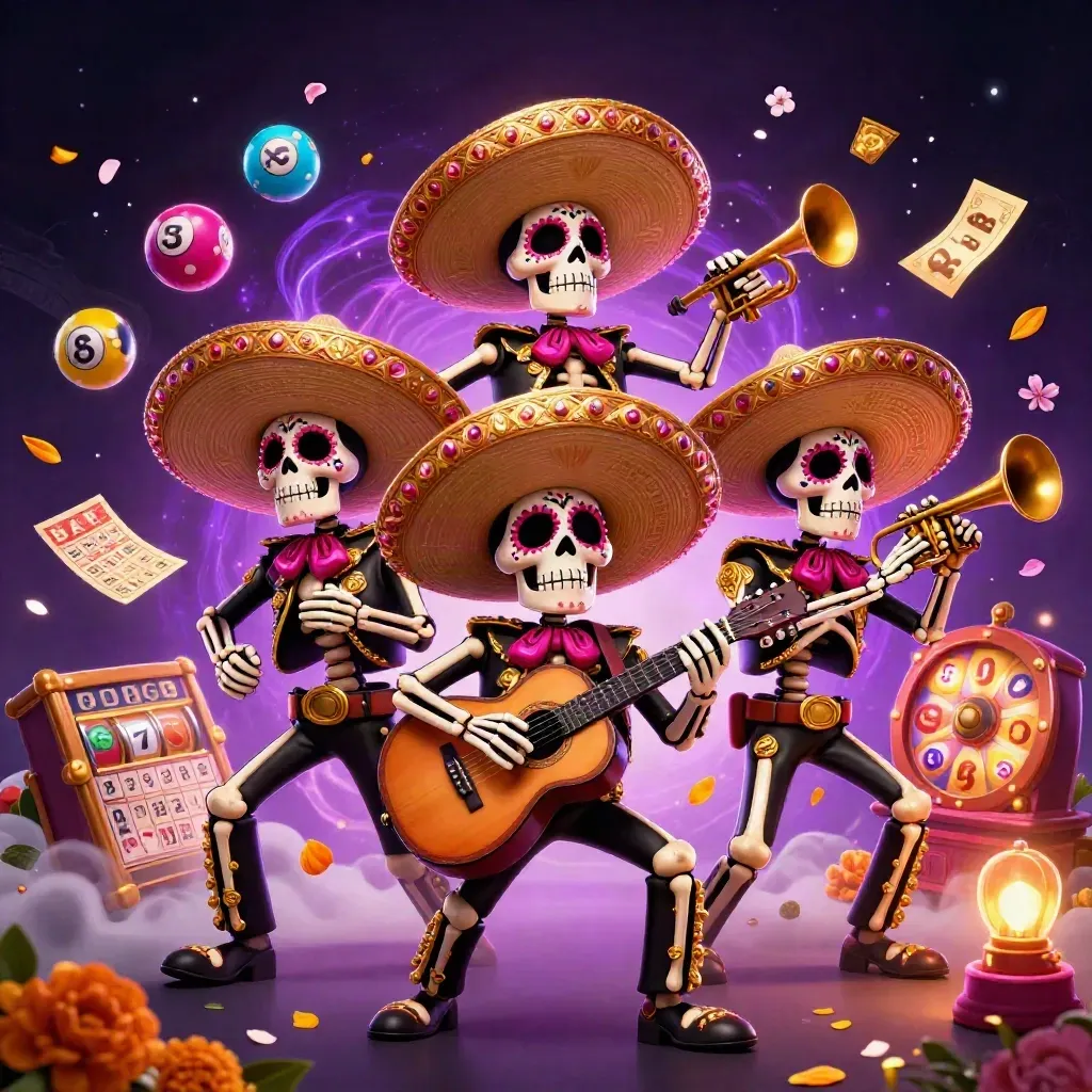 Skeleton mariachi trio amid casino reels, jackpot symbols, petals, and glowing purple magic.