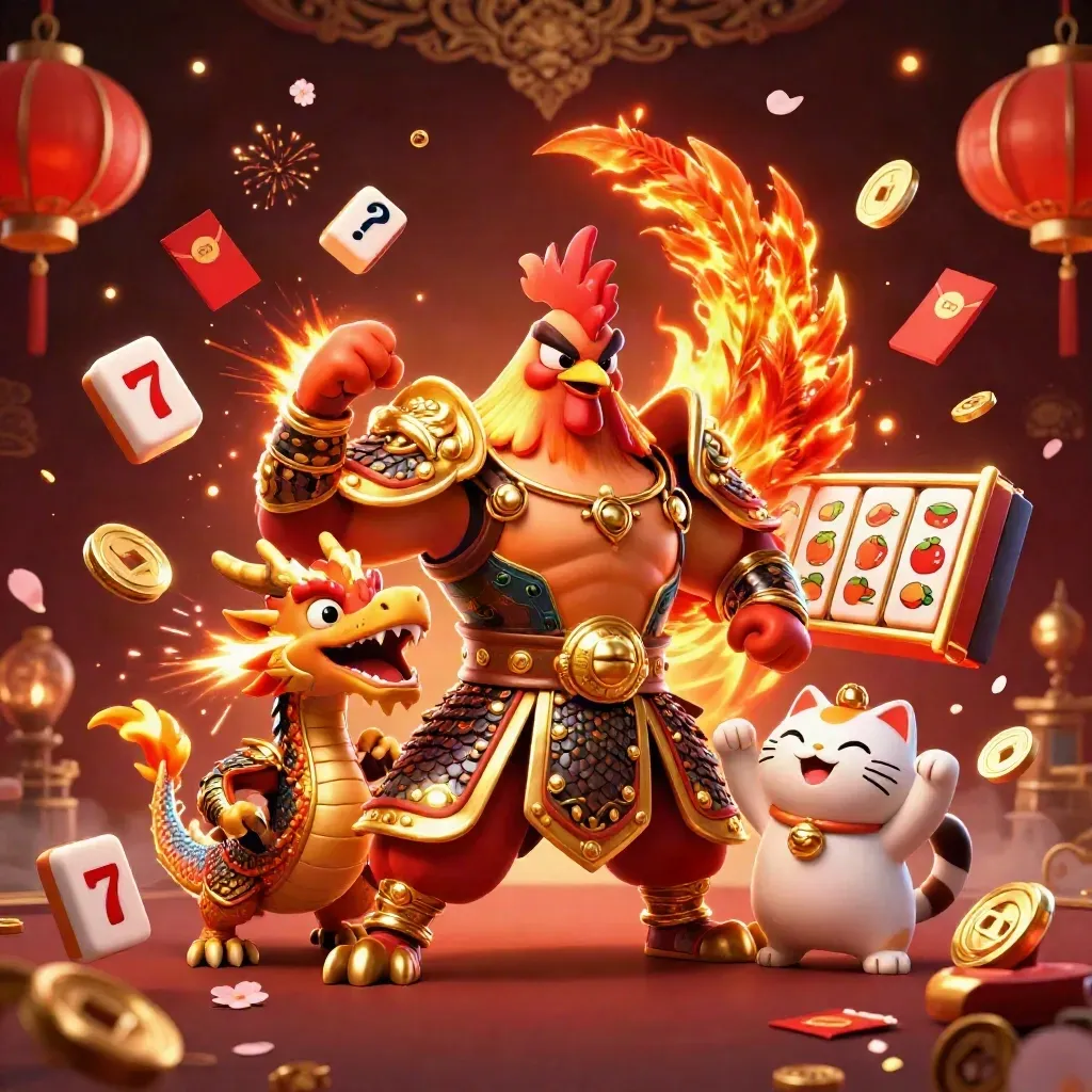 Rooster warrior, dragon hatchling and fortune-cat amid casino symbols in a luxe neon dark scene.